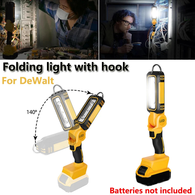 For Dewalt 18V 20V DCB201 DCB203 Li-ion Battery Handheld Camping FloodLight 1200lm LED Work Light With Hook Foldable Flashlight