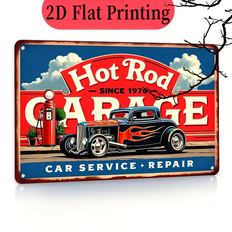 "Hot Rod Garage" Metal Sign, , Retro American Car Workshop Decor, Iron Wall Hanging Plaque, Multipurpose for Bar, Cafe, Resta
