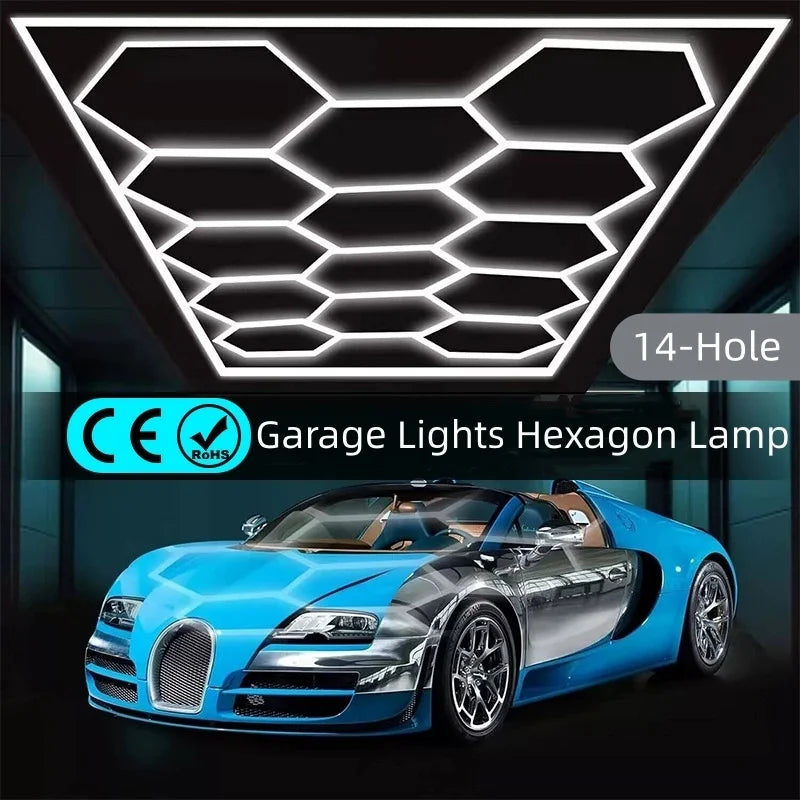 14 Grids with Frame Hexagon Garage Lights 6500K 672W Honeycomb Led for Workshop Barber Gym Ceiling Shop Basement