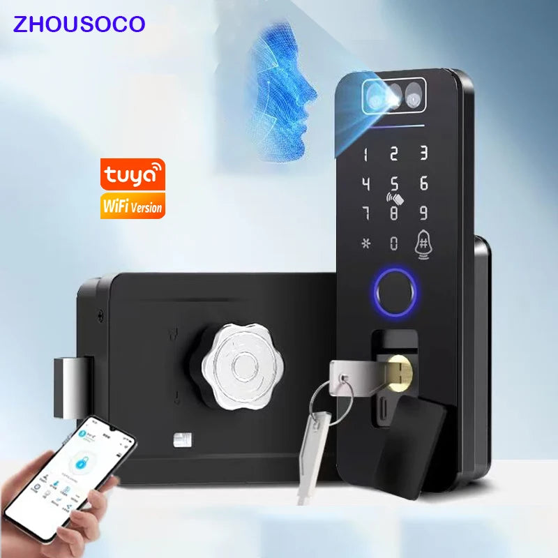Fingerprint Lock 3D Face Recognition Tuya WiFI App Waterproof Outdoor Gate Passcode Rfid Card Keyless Electronic Smart Door Lock