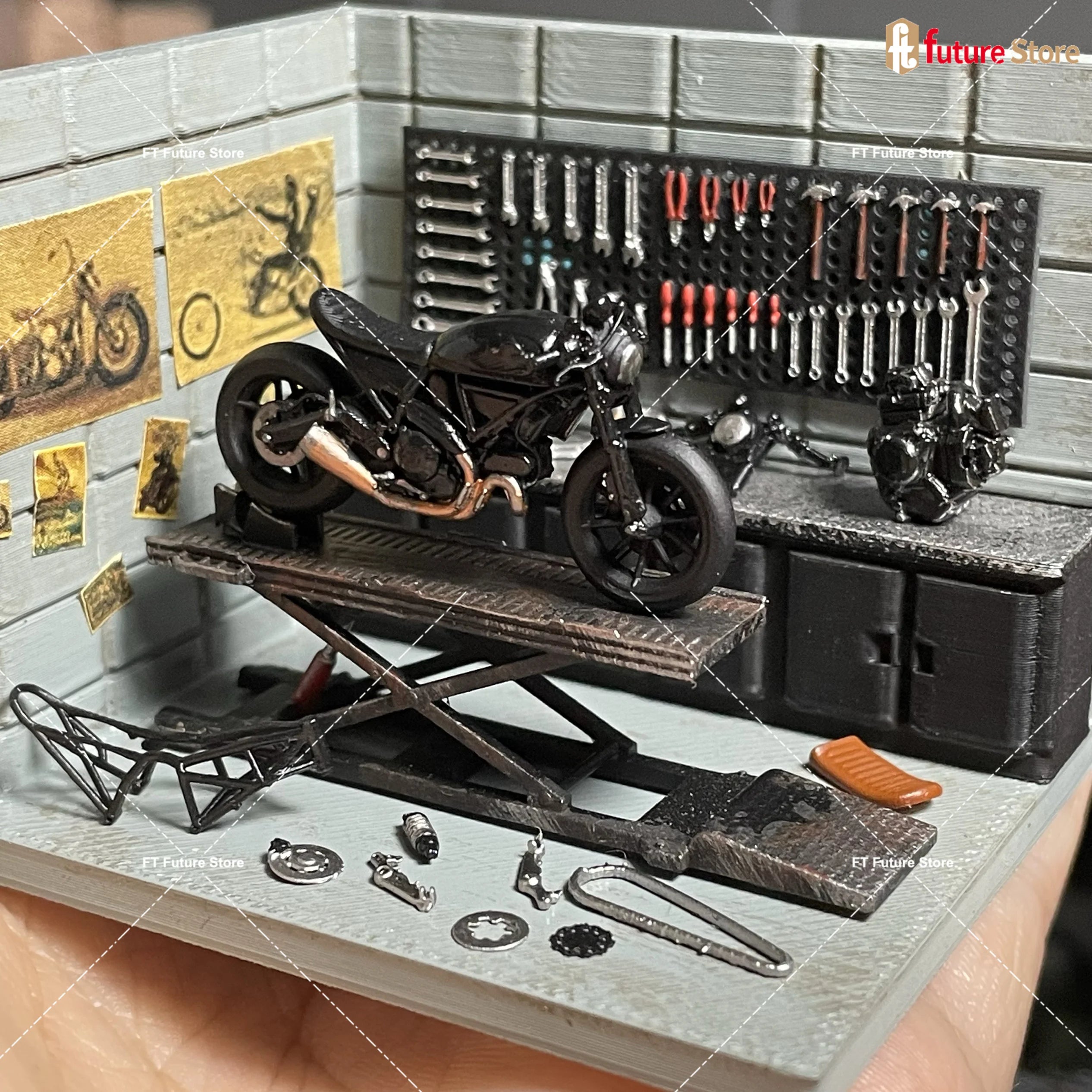 1:64 Motorcycle Painting Lift Maintenance Garage Model Modification Car Repair Accessories Tool Wall Hole Plate Model Scene