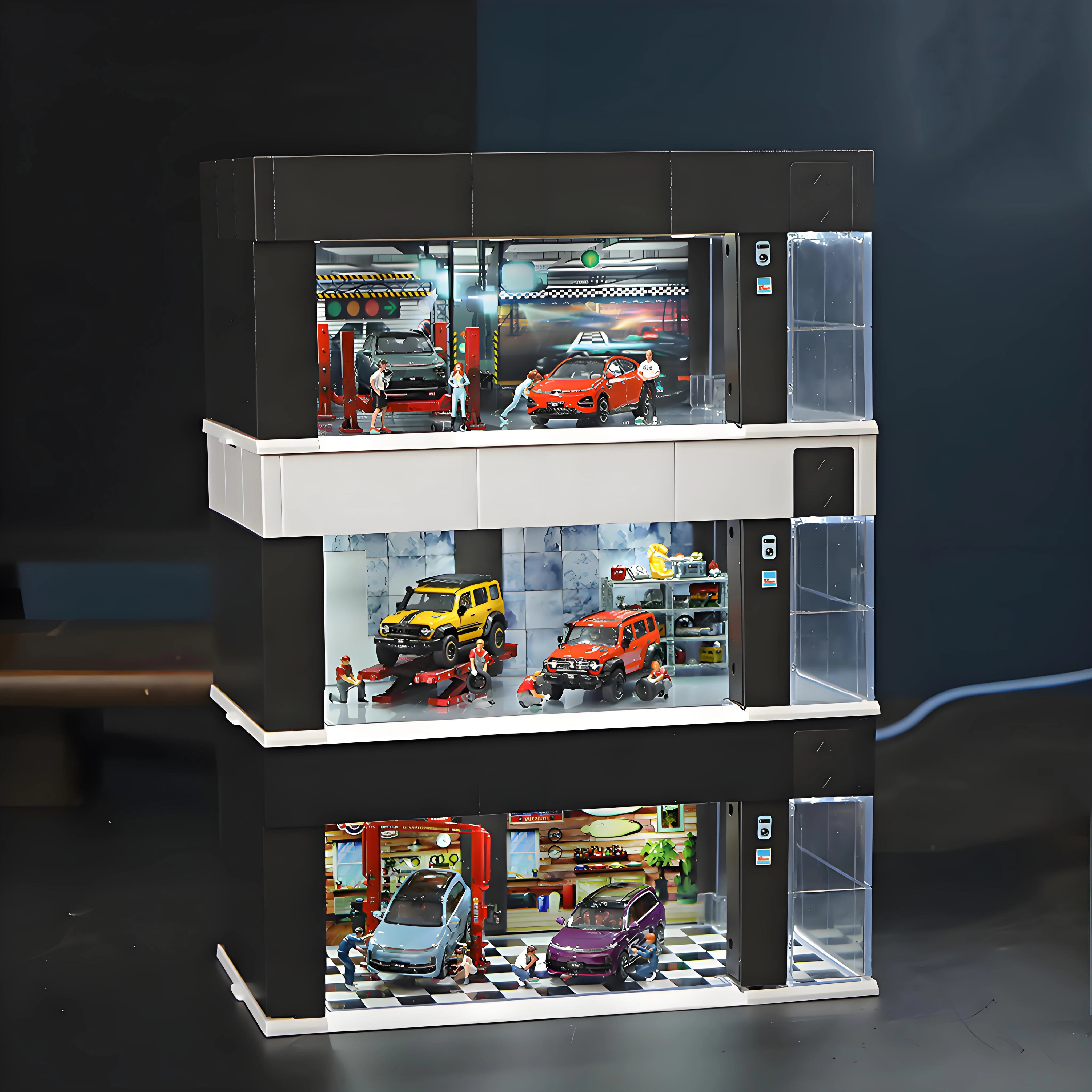 1/64 Garage Scene Model Cars Display Boxes with Light Voice Control Electronic Door Connected in Series Simulation Parking Place