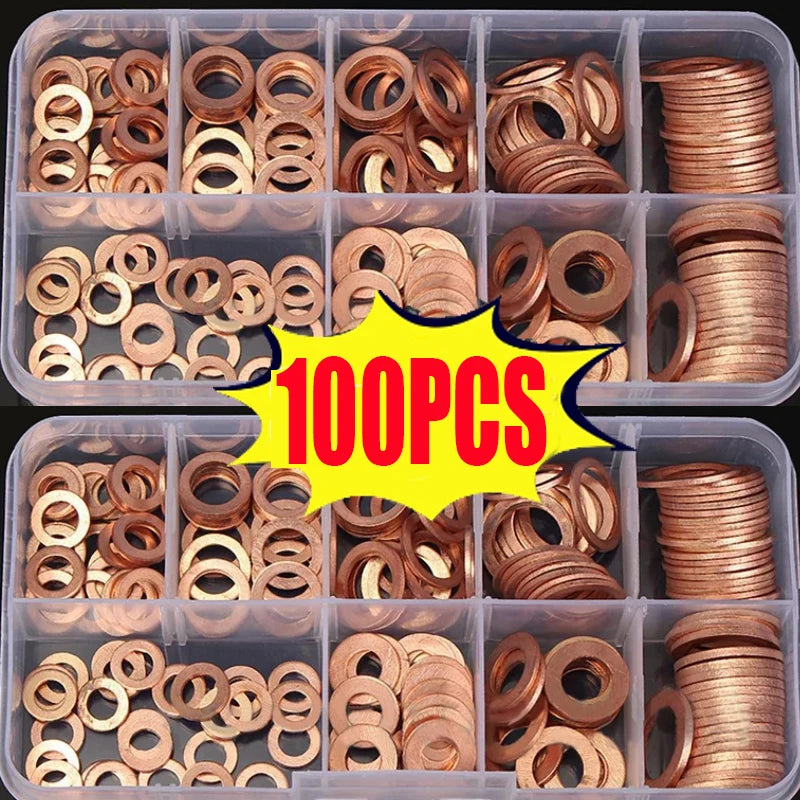 100Pcs Copper Washer Gasket Nut And Bolt Set Flat Ring Seal Assortment Kit With Box M4/M5/M6/M8/M10/M12/M14 For Sump Plugs