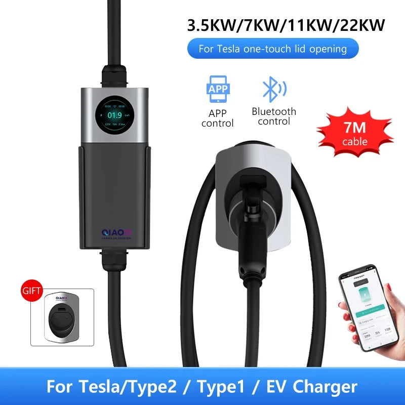 EV Charger 3.5KW 7.3KW 11KW 22KW 16A 32A Type 2 Portable Electric Vehicle Charging 7Meter Bluetooth APP EV Car Charging Station