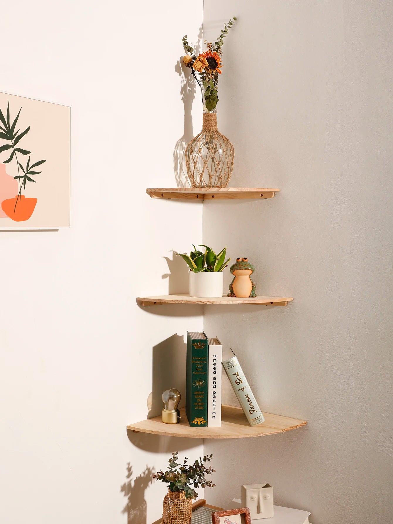 Scalloped Corner Shelves Floating Wall Shelf Storage Rack Wooden Wall Decor Bedroom Living Room Kitchen Home Decorations Ledge