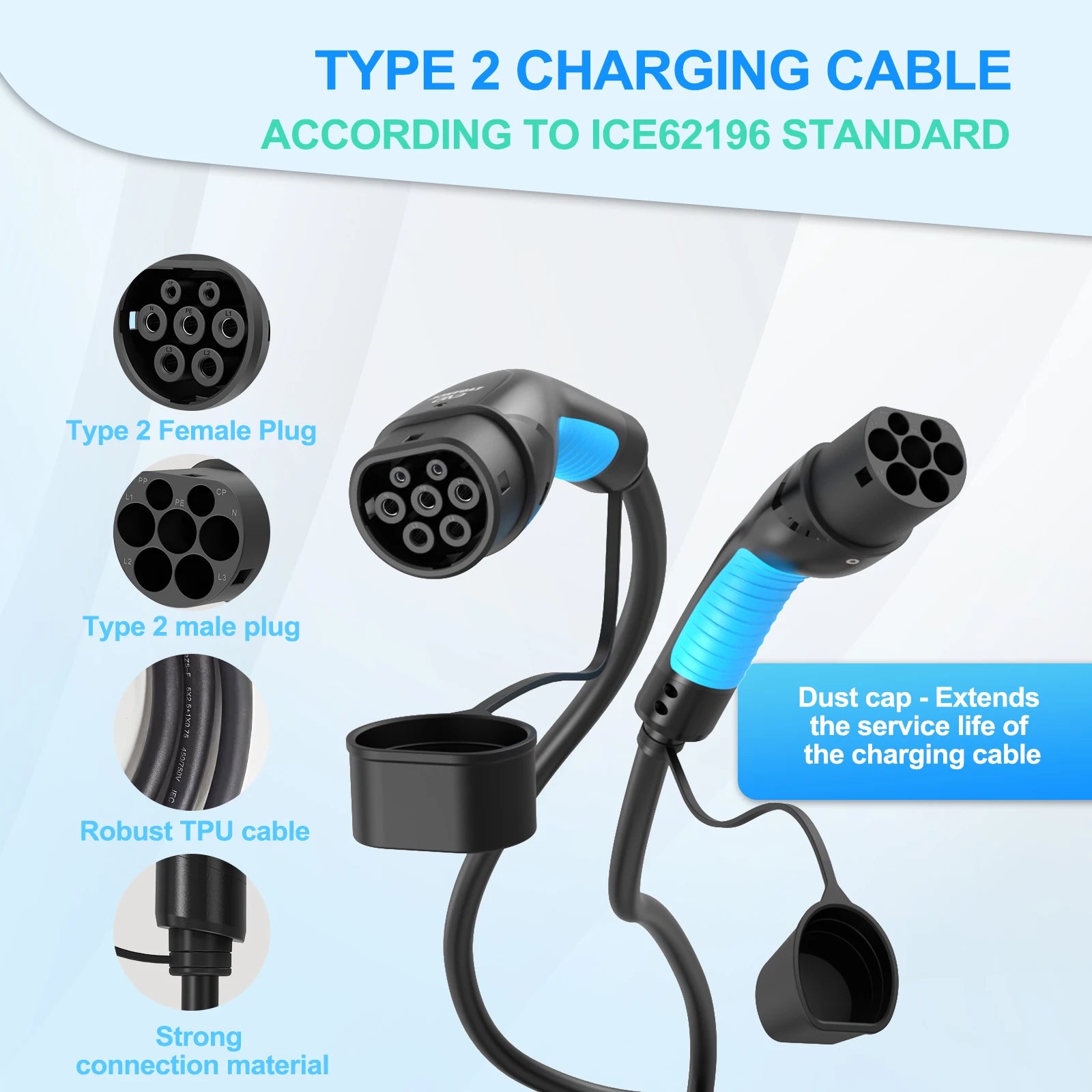 EVDANCE EV Charging Cable 6/8/10M Type 2 Electric Vehicle Cord Compatible IEC 62196 Chargers Charging Station Extension Cable