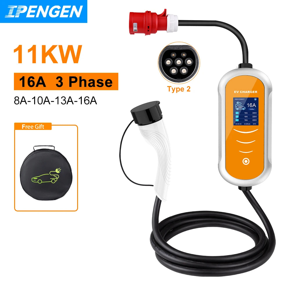 IPENGEN EV Charger 16A 11KW Type 2 IEC-62169 CEE Plug Adjust Current Timer EVSE Charging For Hybrid Eletric Vehicle Cars 