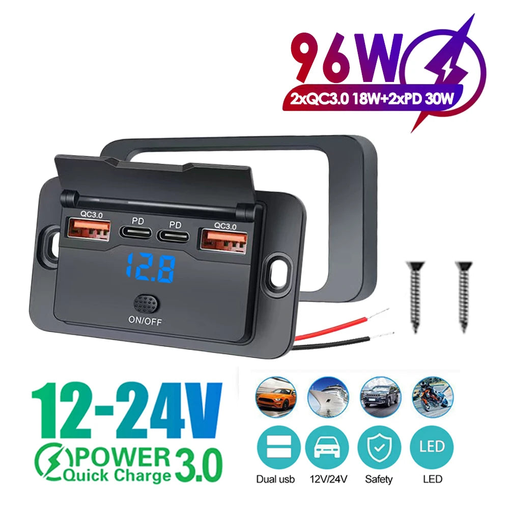 3/4 Ports RV Type C Usb Outlet with Power Switch QC3.0 PD USB2.1A Type C Quick Charge Socket Waterproof 12V 24V Car Charger