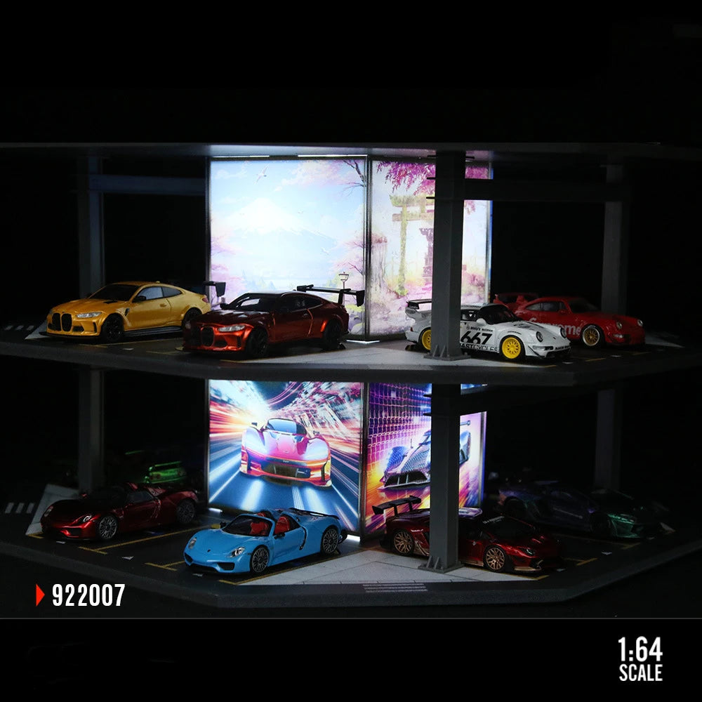 Car Garage Models 1:64 Octagonal Building Parking Lot - 48 Parking Spaces, Lighted, Miniature Simulation Scene