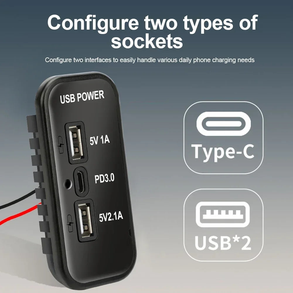 3 Ports 12V RV USB Outlet 45.5W, PD3.0 Type-C Quick Charge Car Socket Charger Adapter for RV Marine Boat Bus ATV Motorcycle