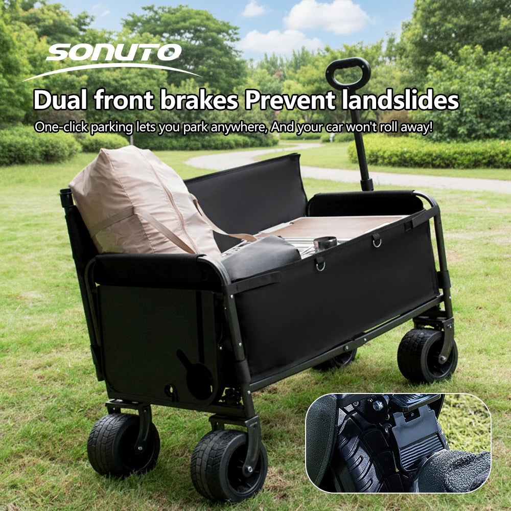 300kg Folding Wagon with Canopy & Seats, Heavy Duty Beach Cart for Camping, Picnic, Grocery Shopping, Portable Utility Pull Cart