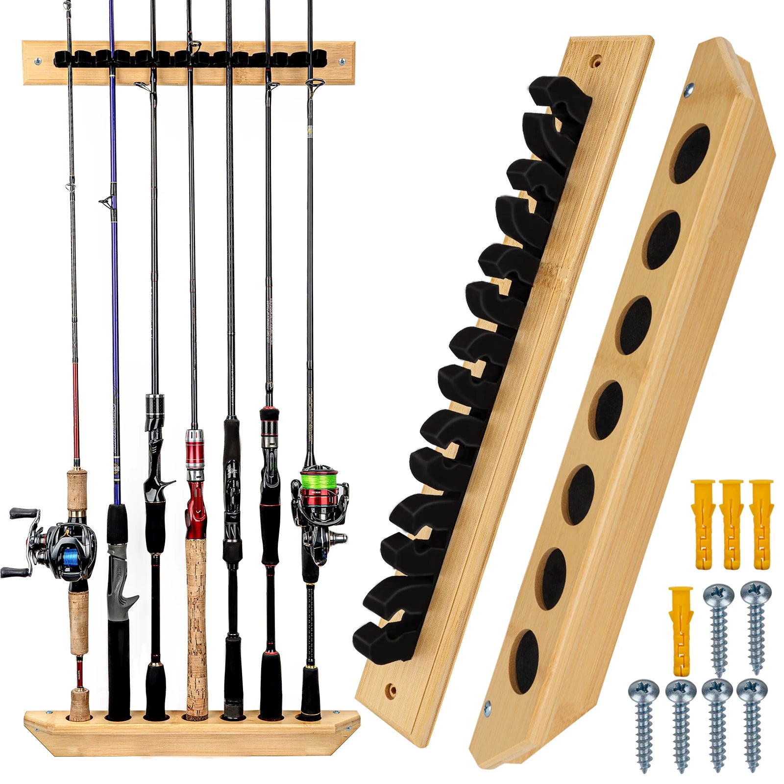 1 Pair Fishing Rod Racks Fishing Rod Holders for Garage Wood Fishing Pole Wall Rack 7-Hole Fishing Rod Combos