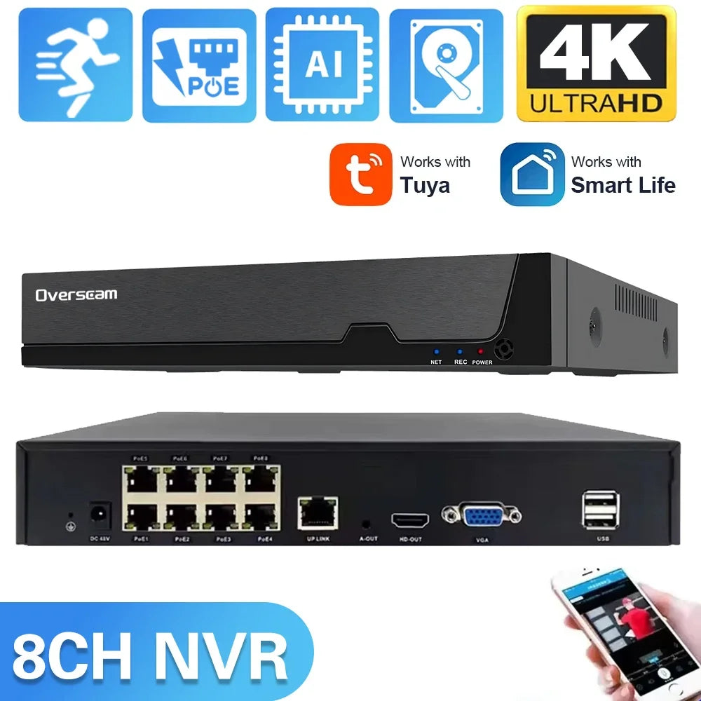 Overscam TUYA SMART LIFE 4K 8MP 8CH POE NVR CCTV Security System Human Detection Network Surveillance Cameras Video Recorder NVR