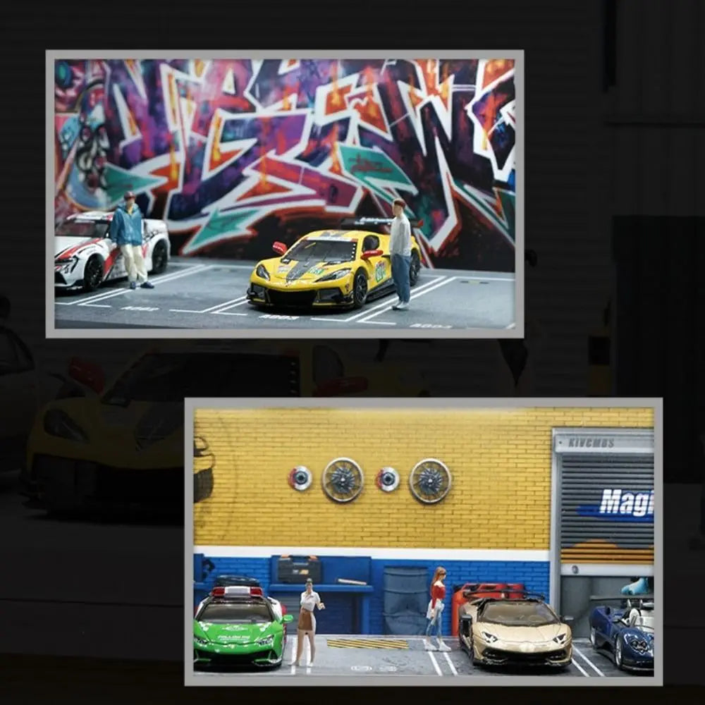 Adult 1/64 Scale Garage Scene Model Simulation With Lights Parking Lot Model Showroom Miniature Car Model Display Box Alloy Car