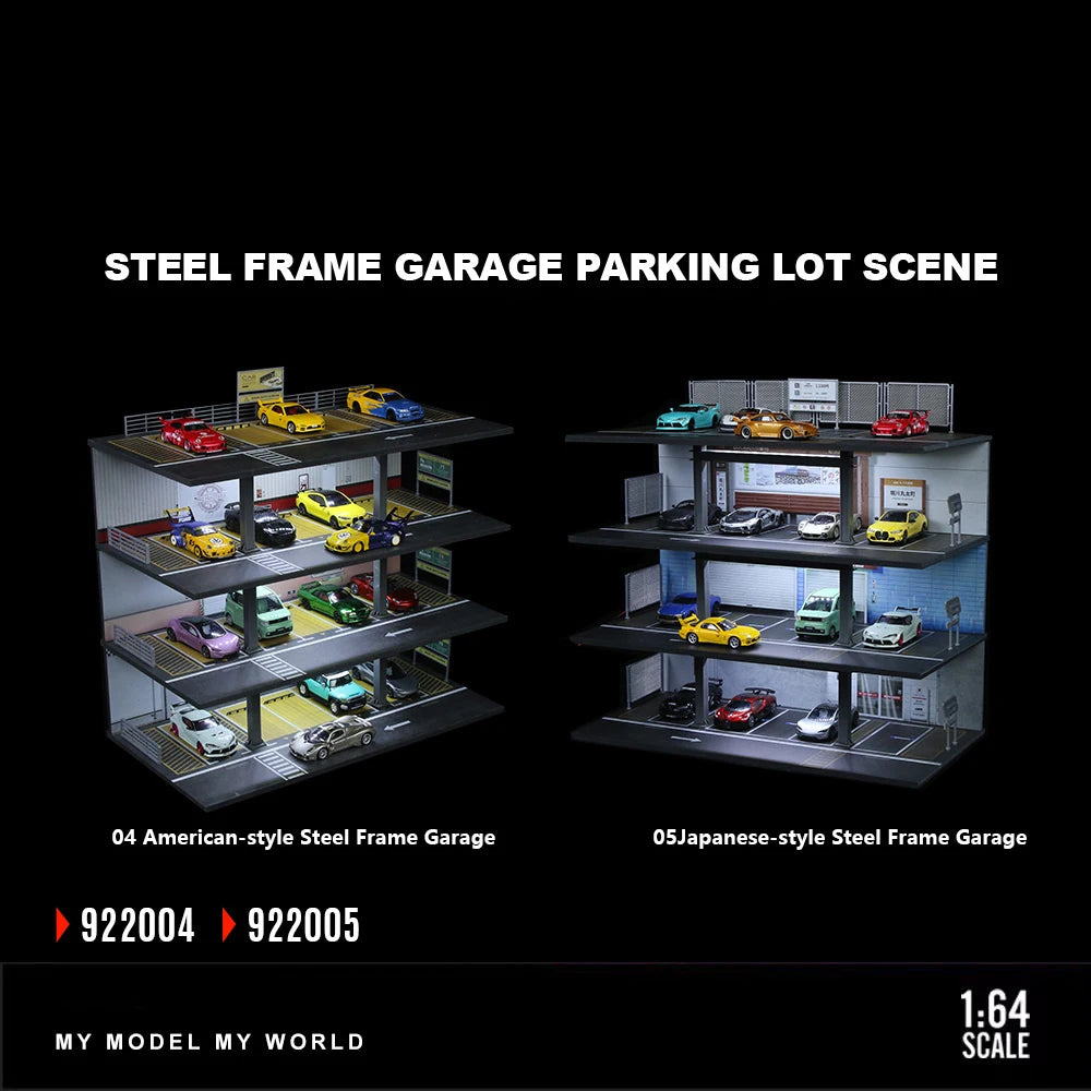1:64Car Garage Models 4-Story Steel Frame Garage & Parking Lot  Light-Up Assembly Simulation Model Car Garage Model Parking Lots