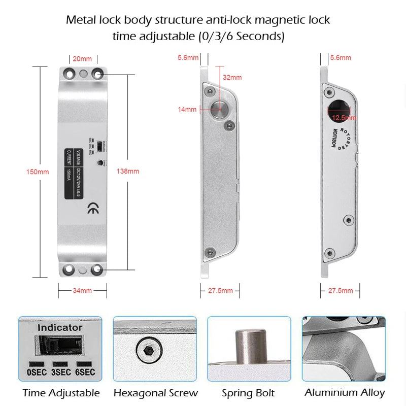 5YOA Smart Electric Mortise Locks with Drop Bolt DC12V Electronic Lock Adjustable Time Delay Fail Safe Mode for Access Control