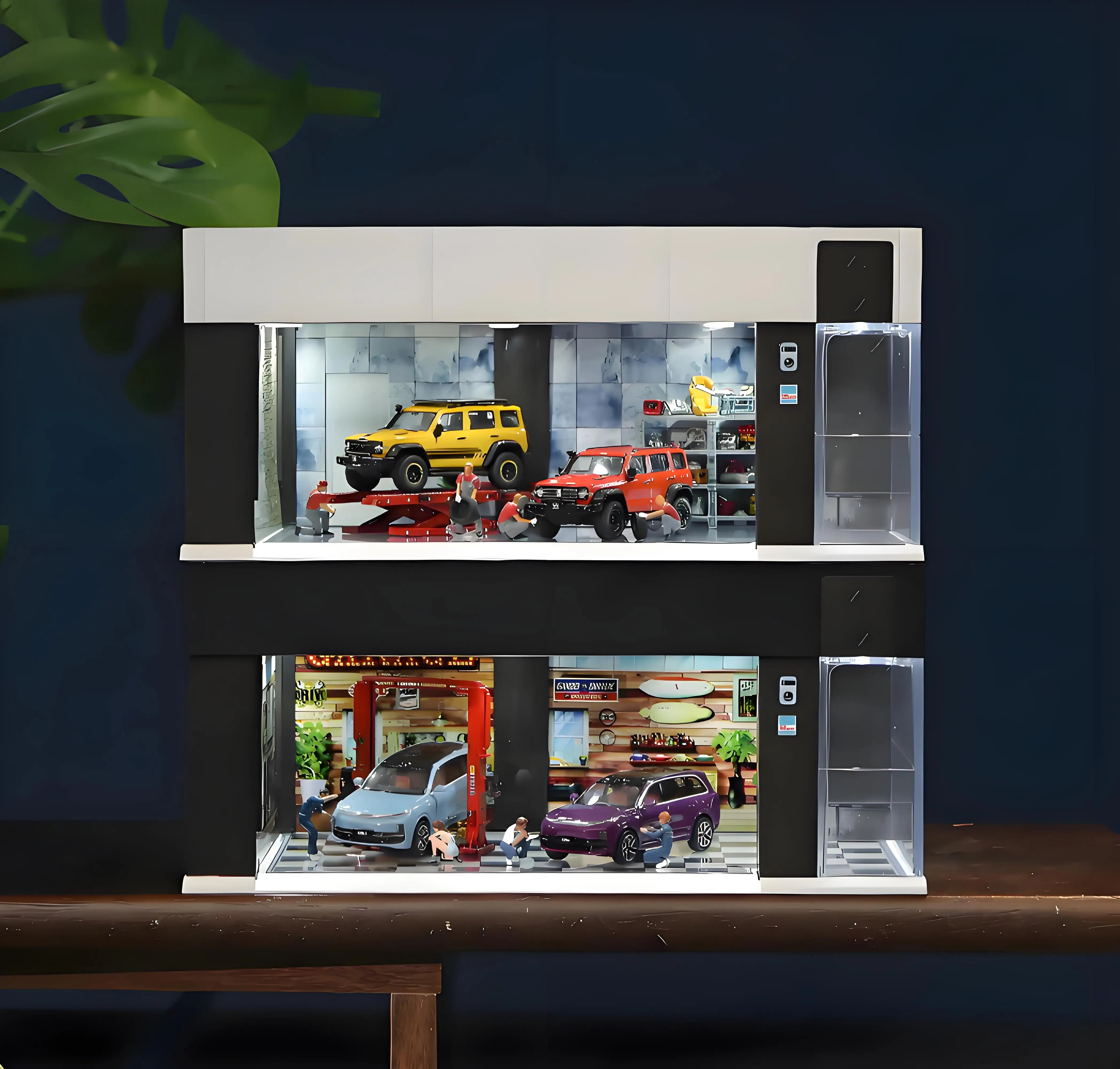 1/64 Garage Scene Model with Light Voice Control Electronic Door Connected in Series Simulation Parking Place Cars Display Boxes