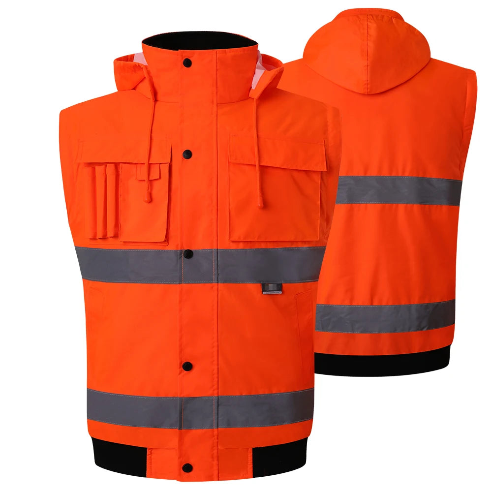 Winter High Visibility Warm Jacket for Men Fluorescent Orange Waterproof Jacket Reflective Bomber Jacket Workwear