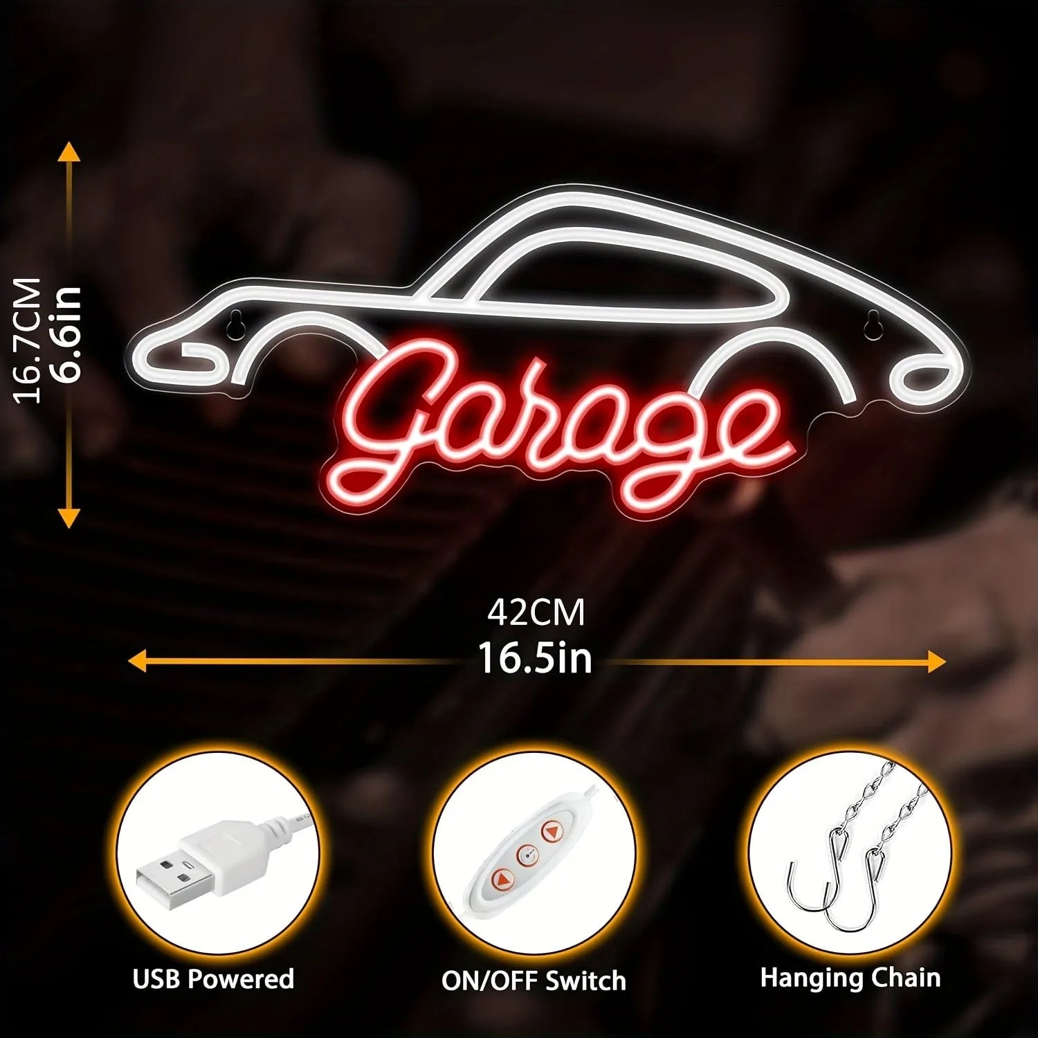 Garage Neon Sign, Led Wall Hanging Decor for Garage, Workshop, Man Cave - Ideal Gift for Dad and Auto Enthusiasts, Plastic Material