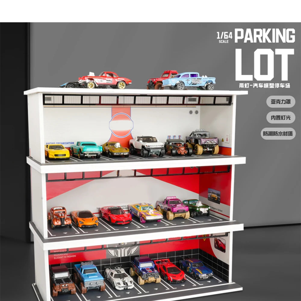 1/64 Car Garage Diorama Miniatures Models LED Lighting Double-Deck Model Car Garage Collection Display Gifts