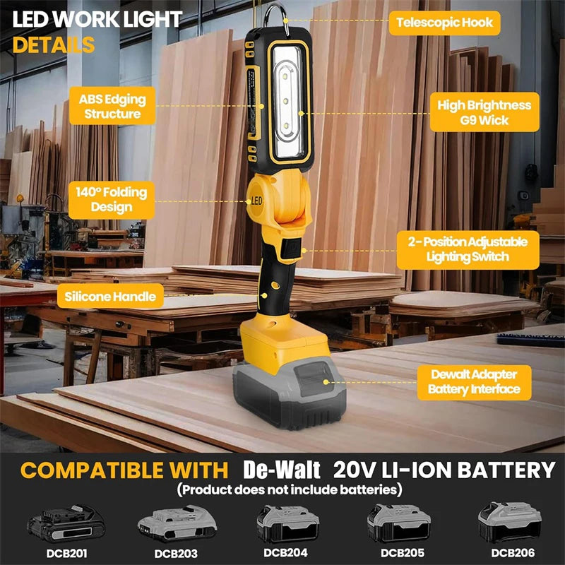 For Dewalt 18V 20V DCB201 DCB203 Li-ion Battery Handheld Camping FloodLight 1200lm LED Work Light With Hook Foldable Flashlight