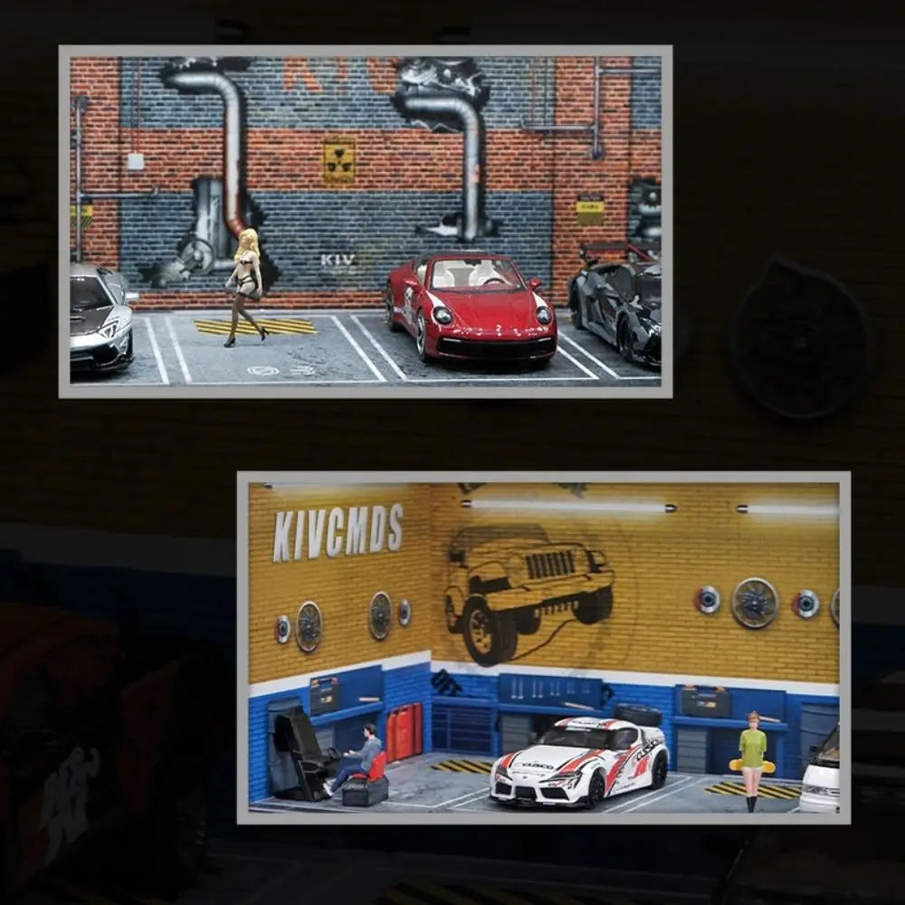 1/64 Scale Garage Scene Model With Lights Miniature Parking Lot Model Showroom Exhibition Hall Car Model Display Box Boys Gift