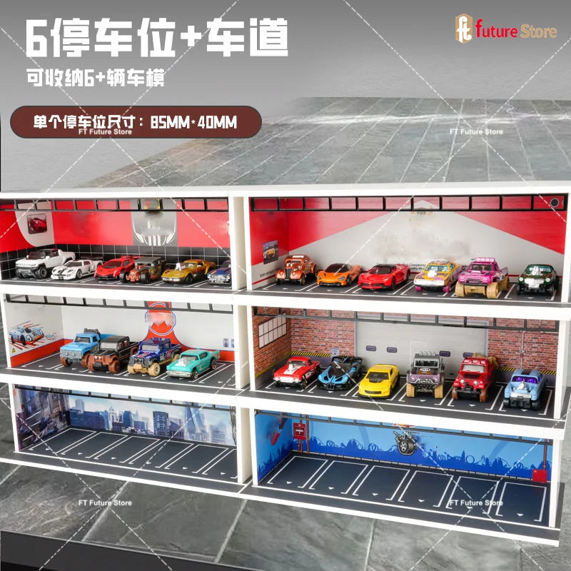 1/64 Garage Scene Model with Light Assembled Parking Lot Diorama Parking Place for Miniatures Cars Display
