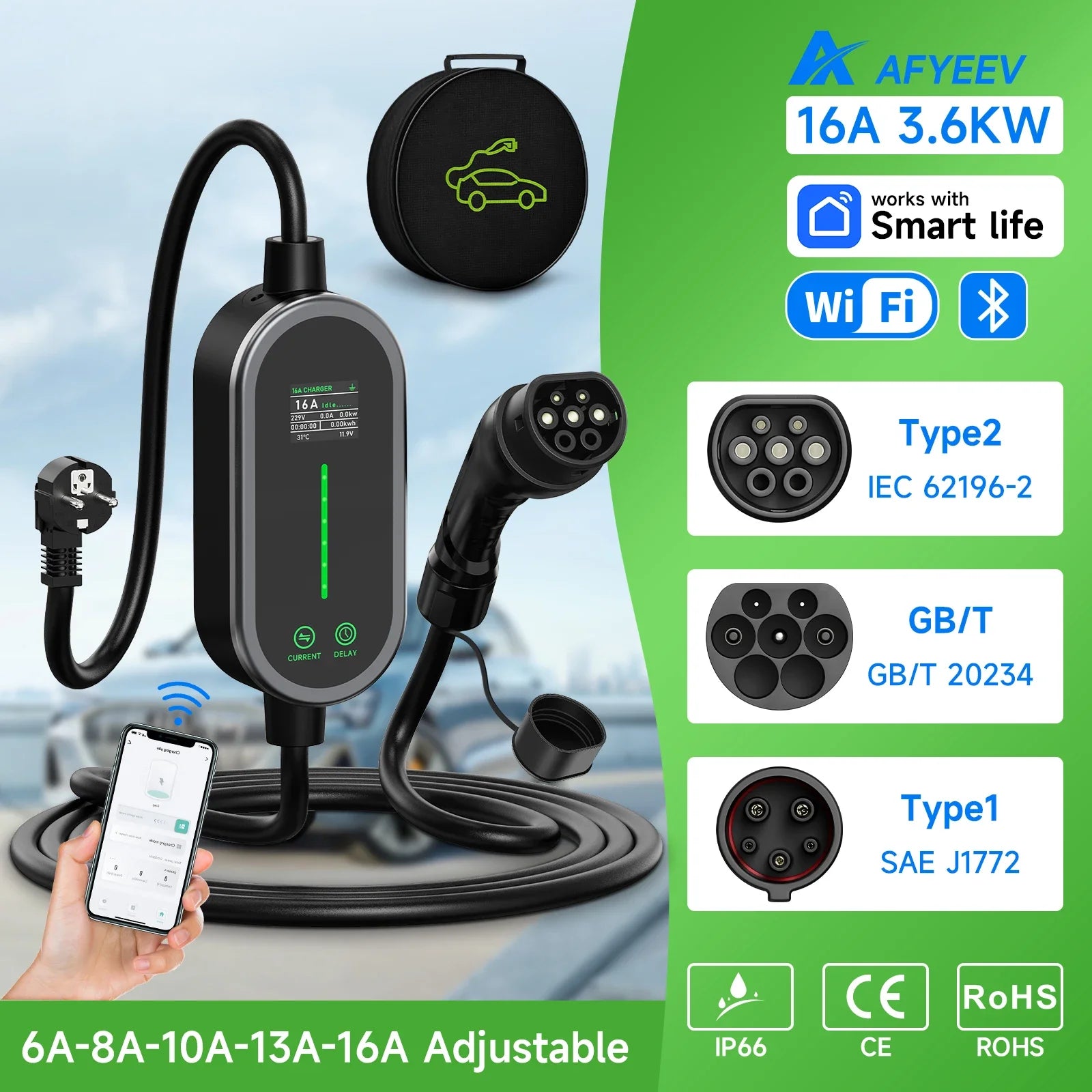 AFEEV 3.6KW Portable EV Charger Type2/GB/T Plug 16A 1-Phase Type1  5m Cable Wallbox Charging Station for Electric Vehicles