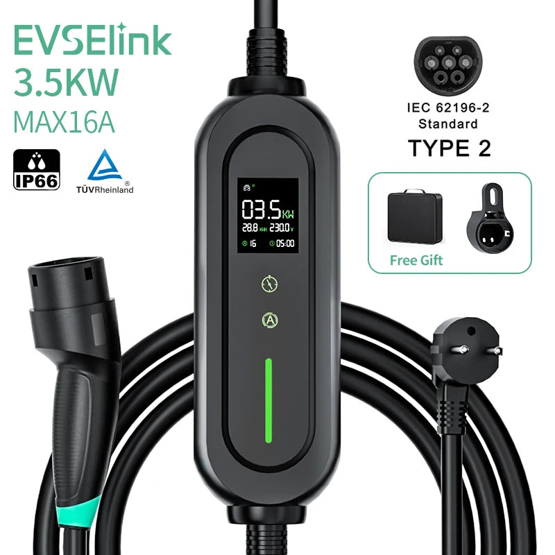EVSELink EV Portable Charger Type2 16A 3.5kW Portable Charging Box 5M Cable Socket EV Charger Electric Vehicle Car Charger