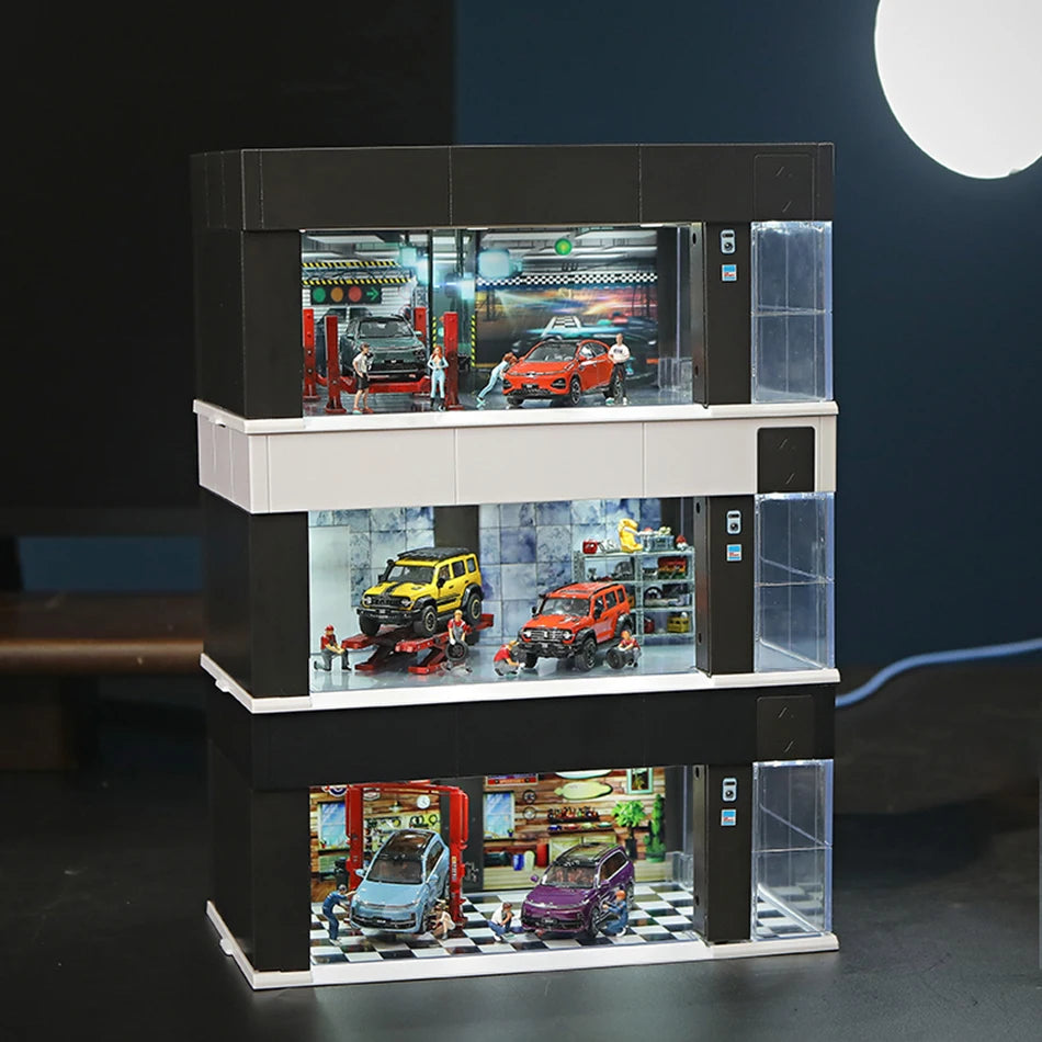 1/64 Garage Scene Model with Light Voice Control Electronic Door Connected in Series Simulation Parking Place Cars Display Boxes