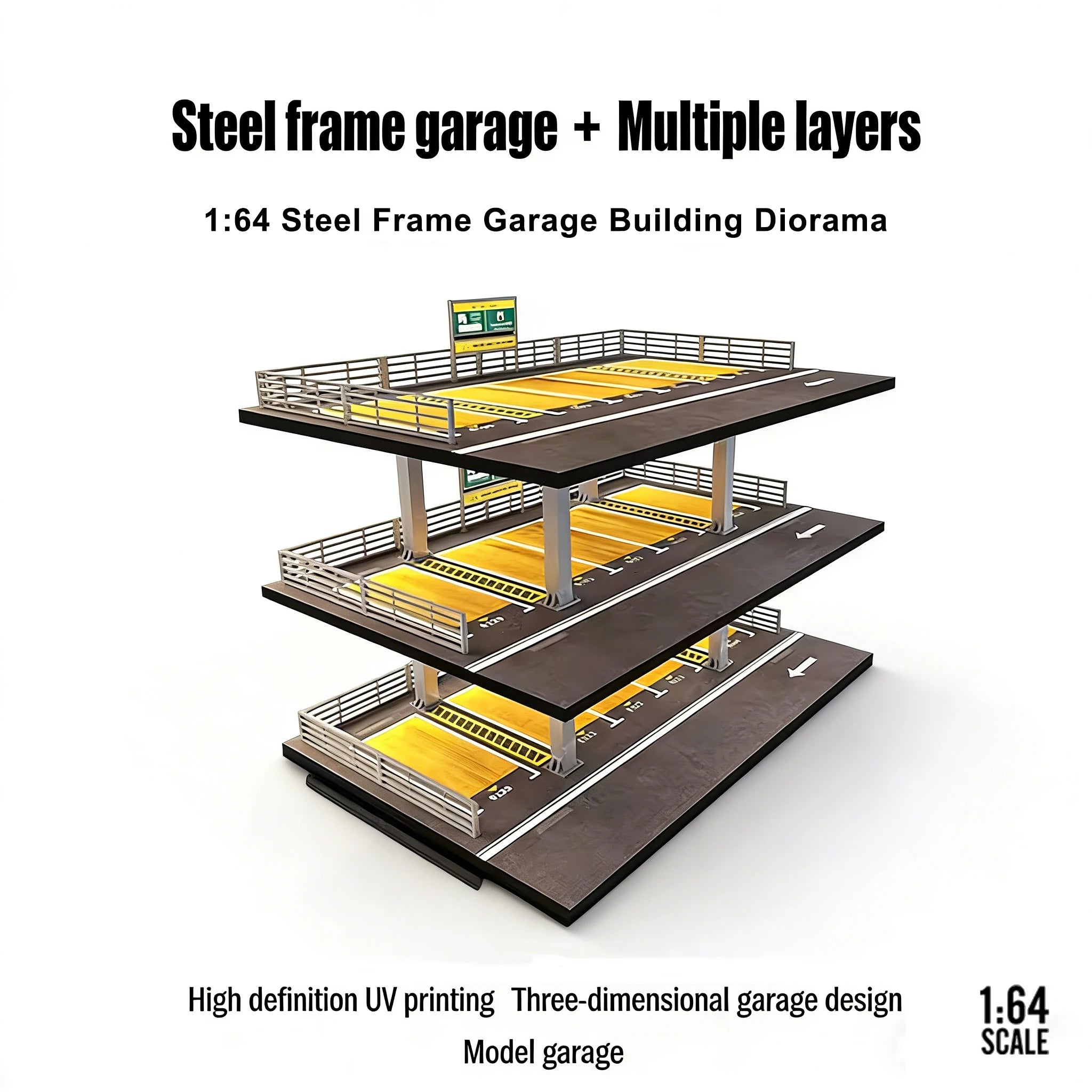 Car Garage Diorama Model 1:64 Steel Frame Multi-Level Garage - 3/4 Story US/JP Style for Diecast Car Display & Collectors