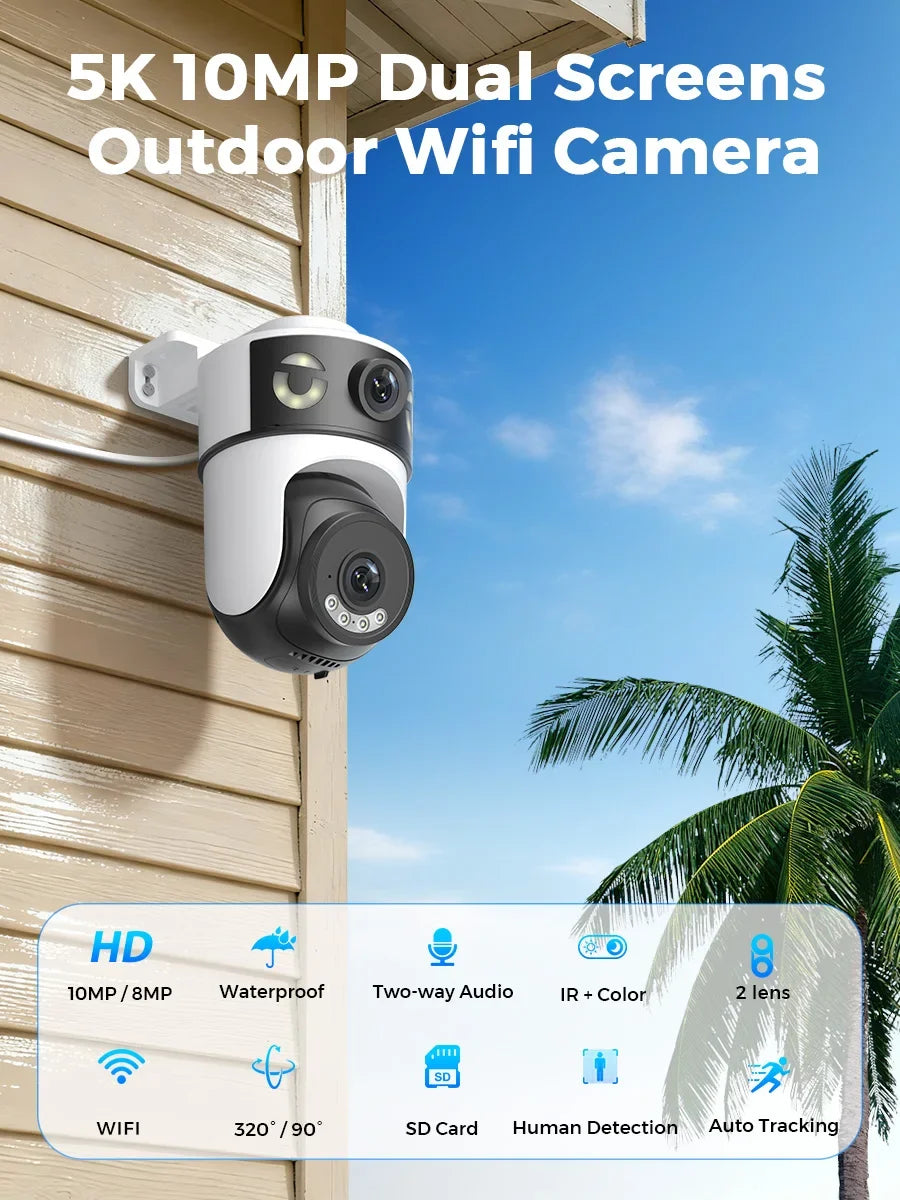 10MP 5K Dual Lens Dual Screens Wifi Camera Smart Night Vision 8MP 4K ICSEE APP Surveillance Camera SD Card Storage Home Security