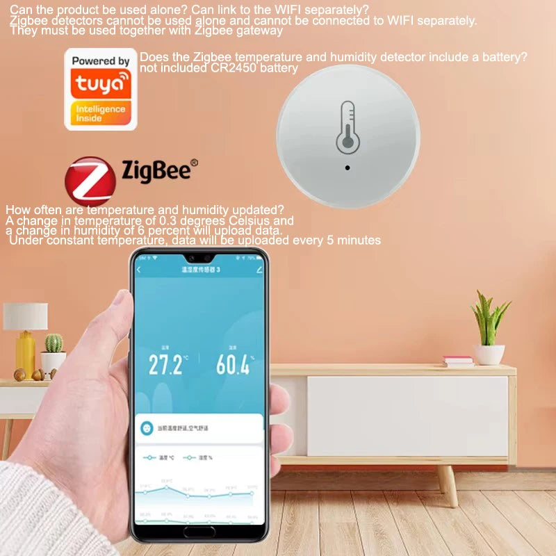 Tuya Zigbee Temperature And Humidity Sensor Voice Control Intelligent Home Hygrometer Monitoring need tuya Gateway no battery
