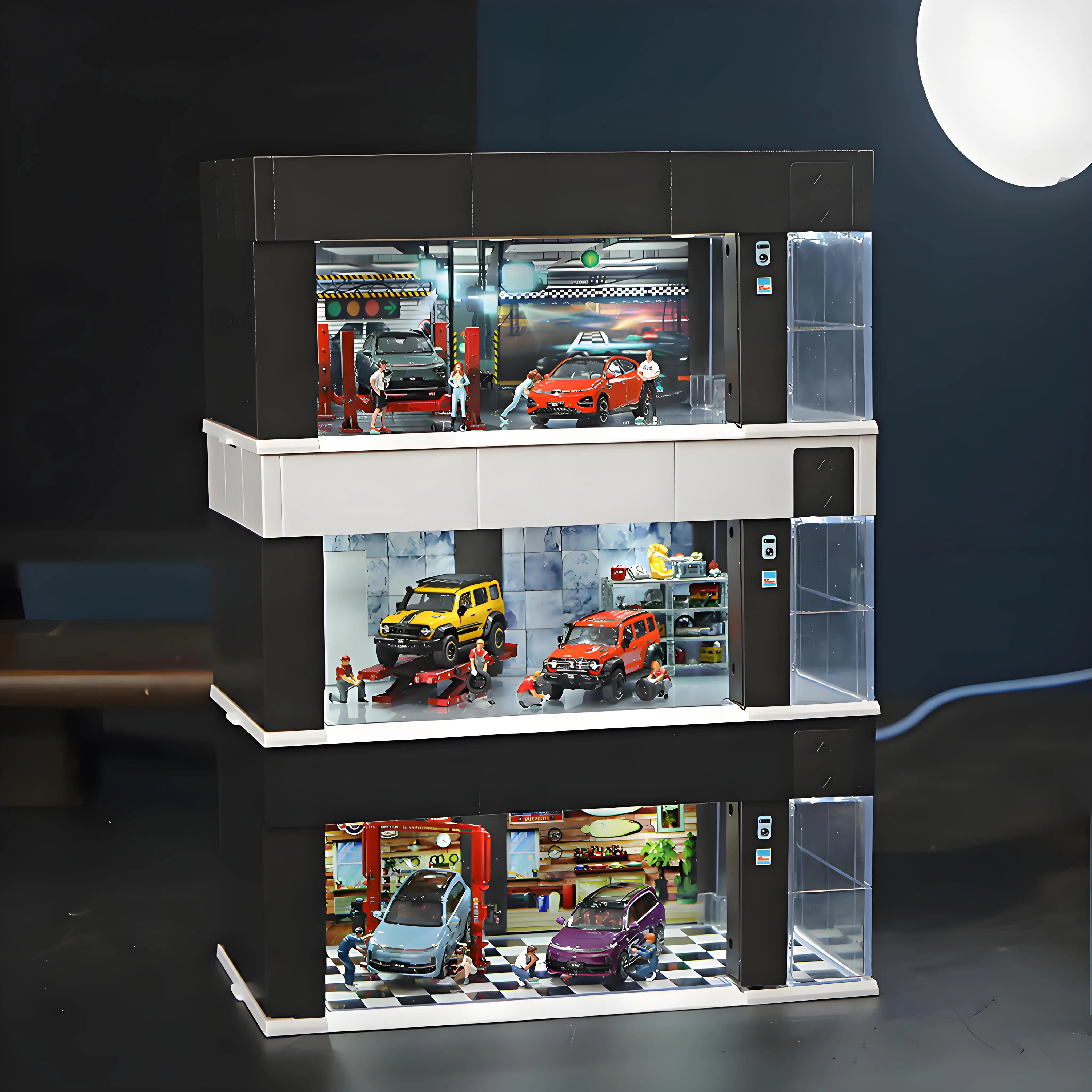 1/64 Garage Scene Model Simulation Parking Place with Light Voice Control Electronic Door Connected in Series Cars Display Boxes