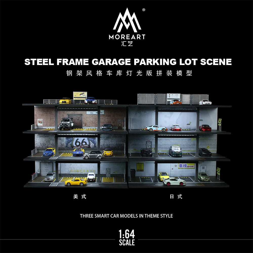 MoreArt 1:64 Four-Storey Steel Frame Style Garage Lighting Diorama ,Car Parking Lot Display&Collection&Gift