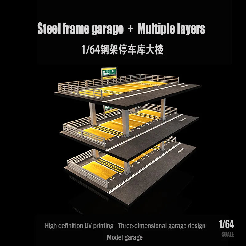 Car Garage Diorama Model 1:64 Steel Frame Multi-Level Garage - 3/4 Story US/JP Style for Diecast Car Display & Collectors