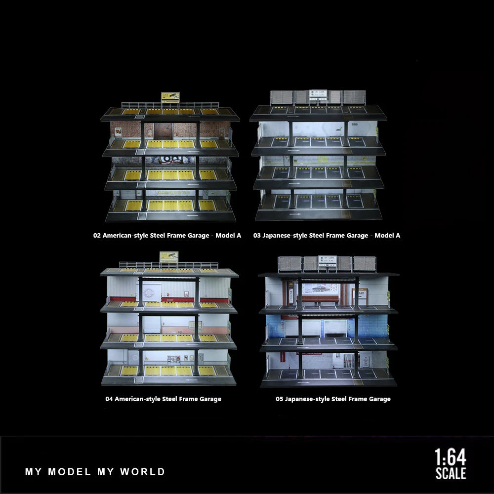 1:64Car Garage Models 4-Story Steel Frame Garage & Parking Lot  Light-Up Assembly Simulation Model Car Garage Model Parking Lots