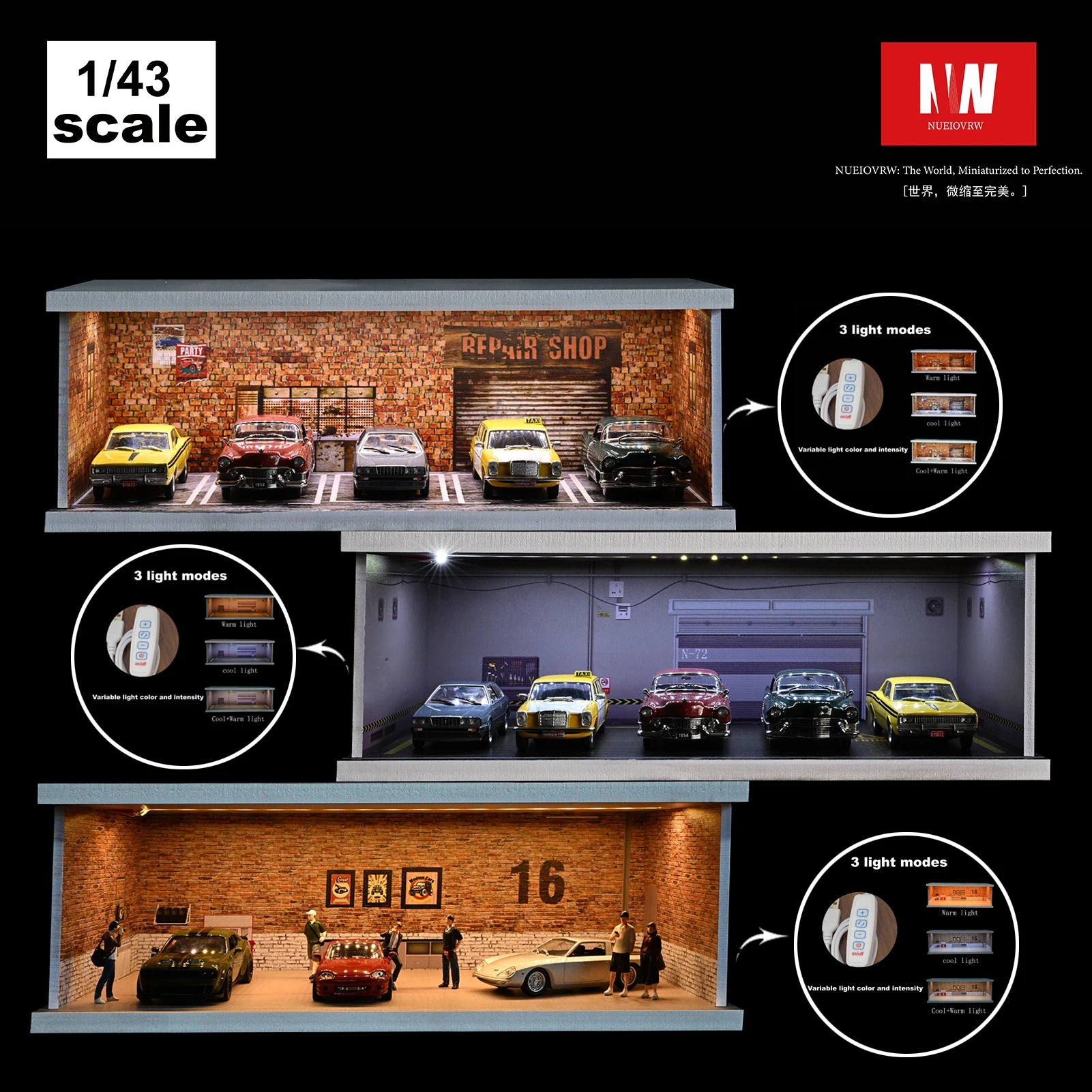 Diorama 1/43 Garage Model LED Lights Parking Lot Scene Display Case Model