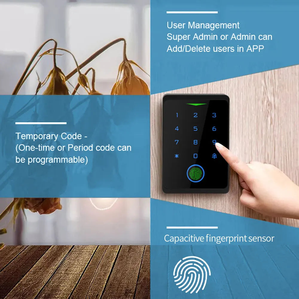 Tuya NFC Bluetooth Backlit Touch Keypad Access Control IP65 Waterproof RFID 13.56MHz Biometric Fingerprint Door Opener Keyboard