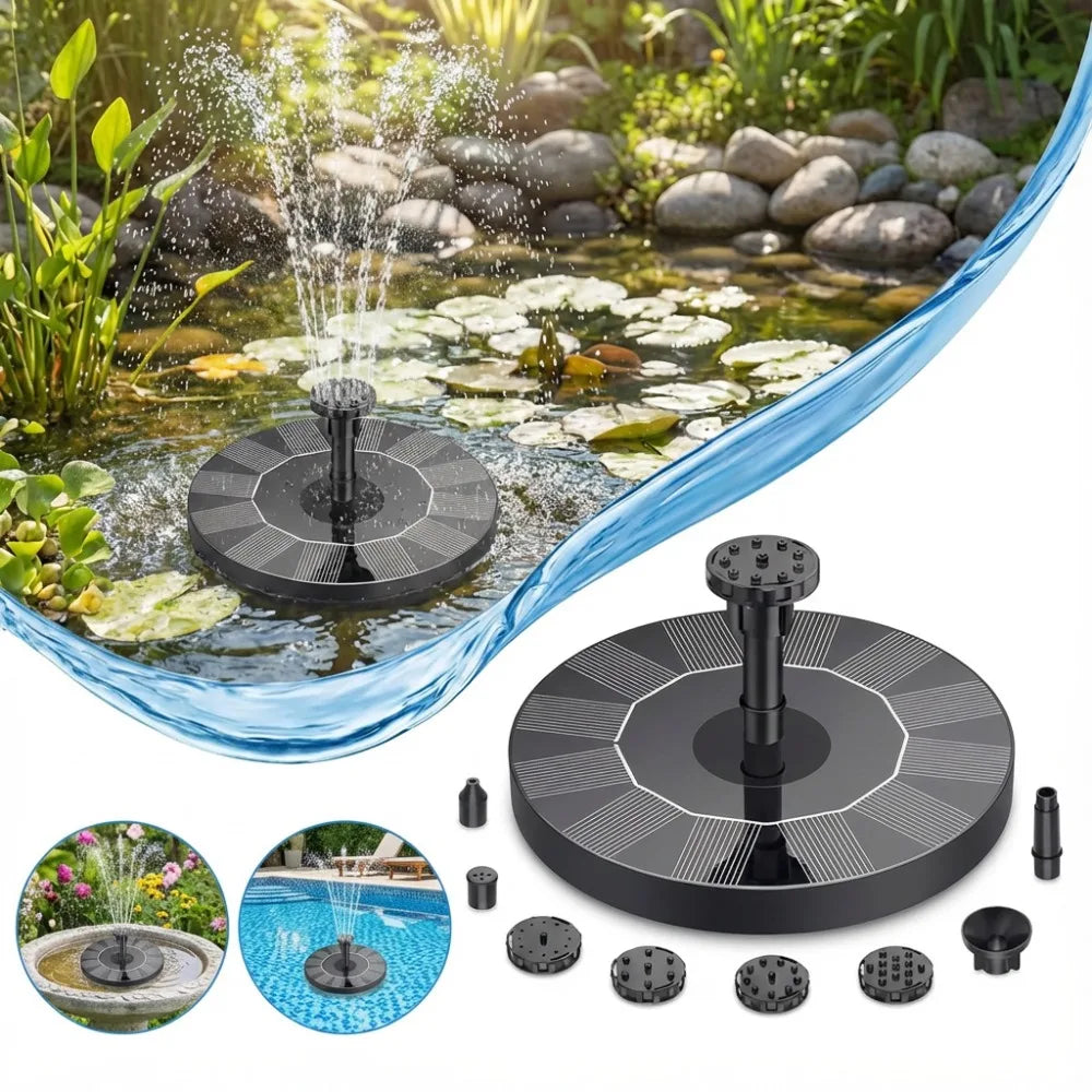 Outdoor Solar Fountain, Solar Water Fountain with 6 Nozzles Various Water Features and 4 Stabilizing Bar, DIY Garden Bird Bath