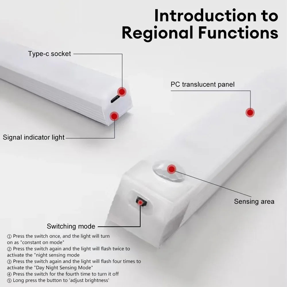 Motion Sensor LED Under Cabinet Lamp Dimmable Rechargeable Night Light Stairs Closet Room Aisle Tube Bar Detector Bulb