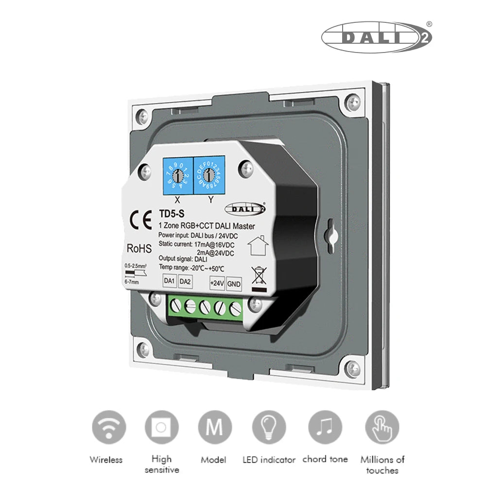 DT6 DT8 DALI Master Glass Wall Mounted Touch Panel 4 Control Modes DALI-2 Certified DALI Master Touch keys With LED Indicator