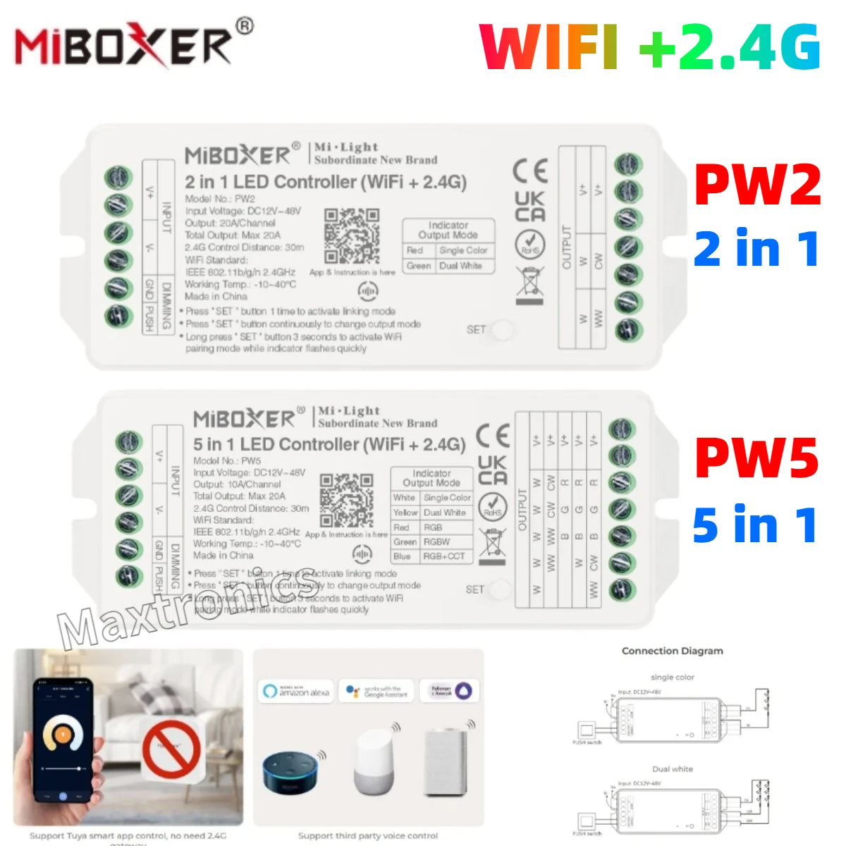 Miboxer PW2 2IN1 PW5 5IN1 RF LED Controller WIFI +2.4G Output Max 20A For Single Color/Dual White/RGB/RGBW/RGB+CCT Led Strip
