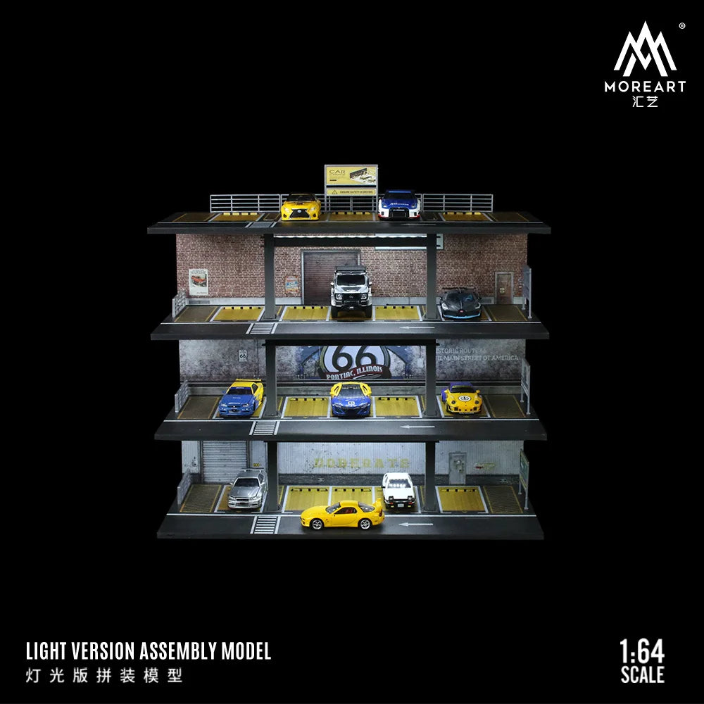MoreArt 1:64 Four-Storey Steel Frame Style Garage Lighting Diorama ,Car Parking Lot Display&Collection&Gift
