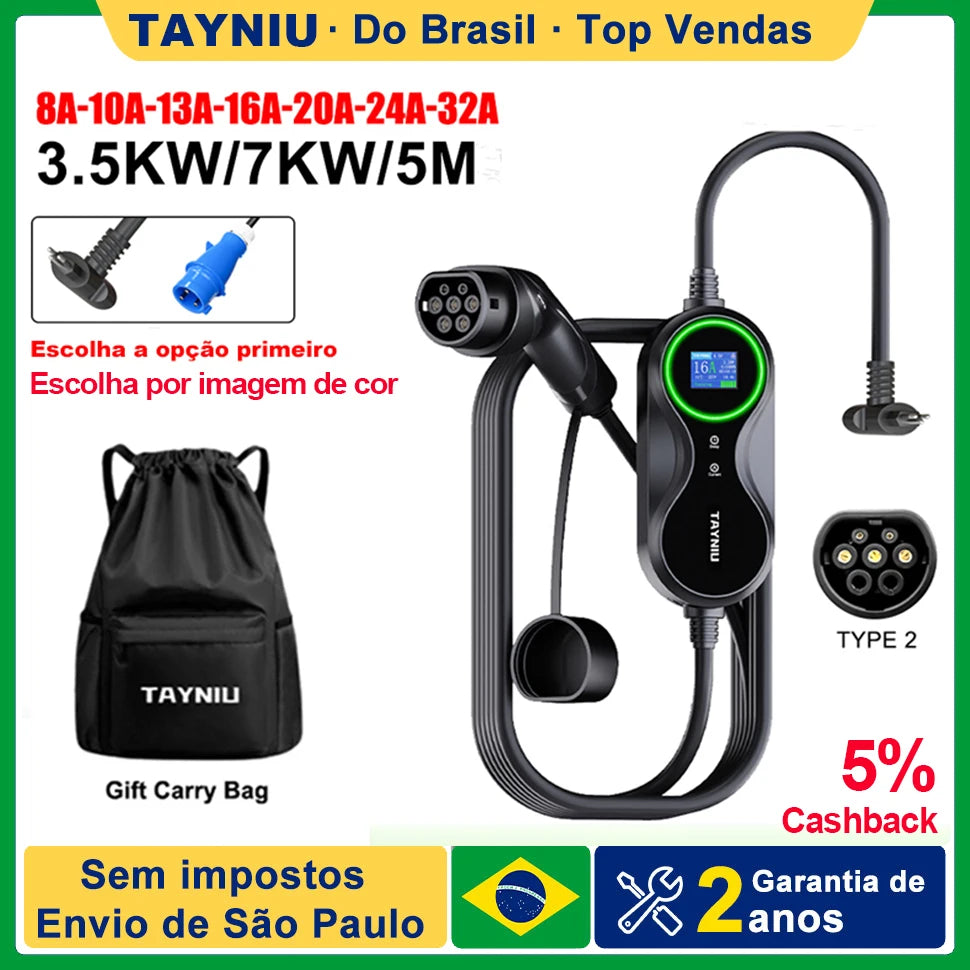TAYNIU Electric Vehicle Charger with APP 7KW 32A 3.5KW 16A 80V-260V 5M Portable EV Charger for Electric Vehicles BYD Volvo