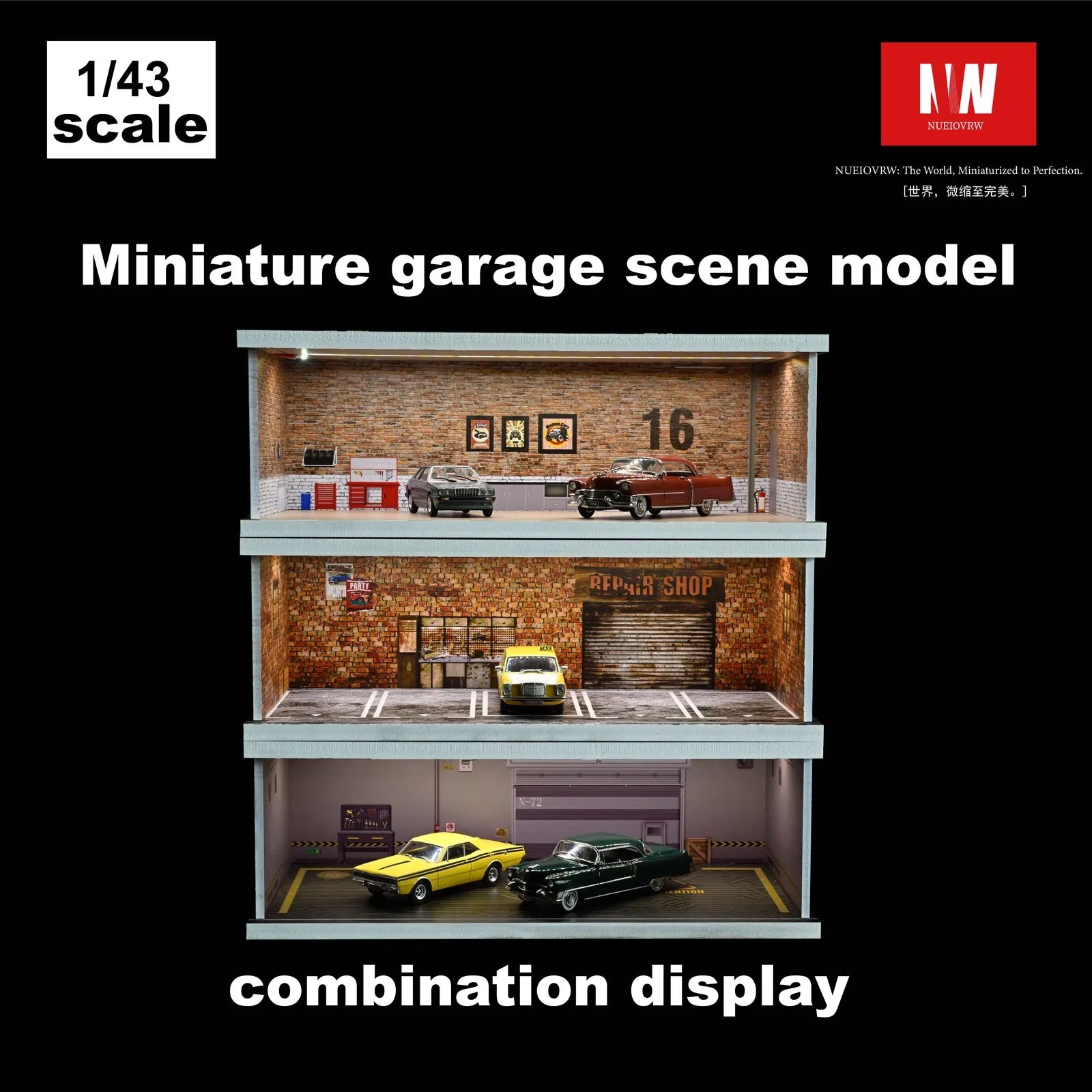 Diorama 1/43 Garage Model LED Lights Parking Lot Scene Display Case Model