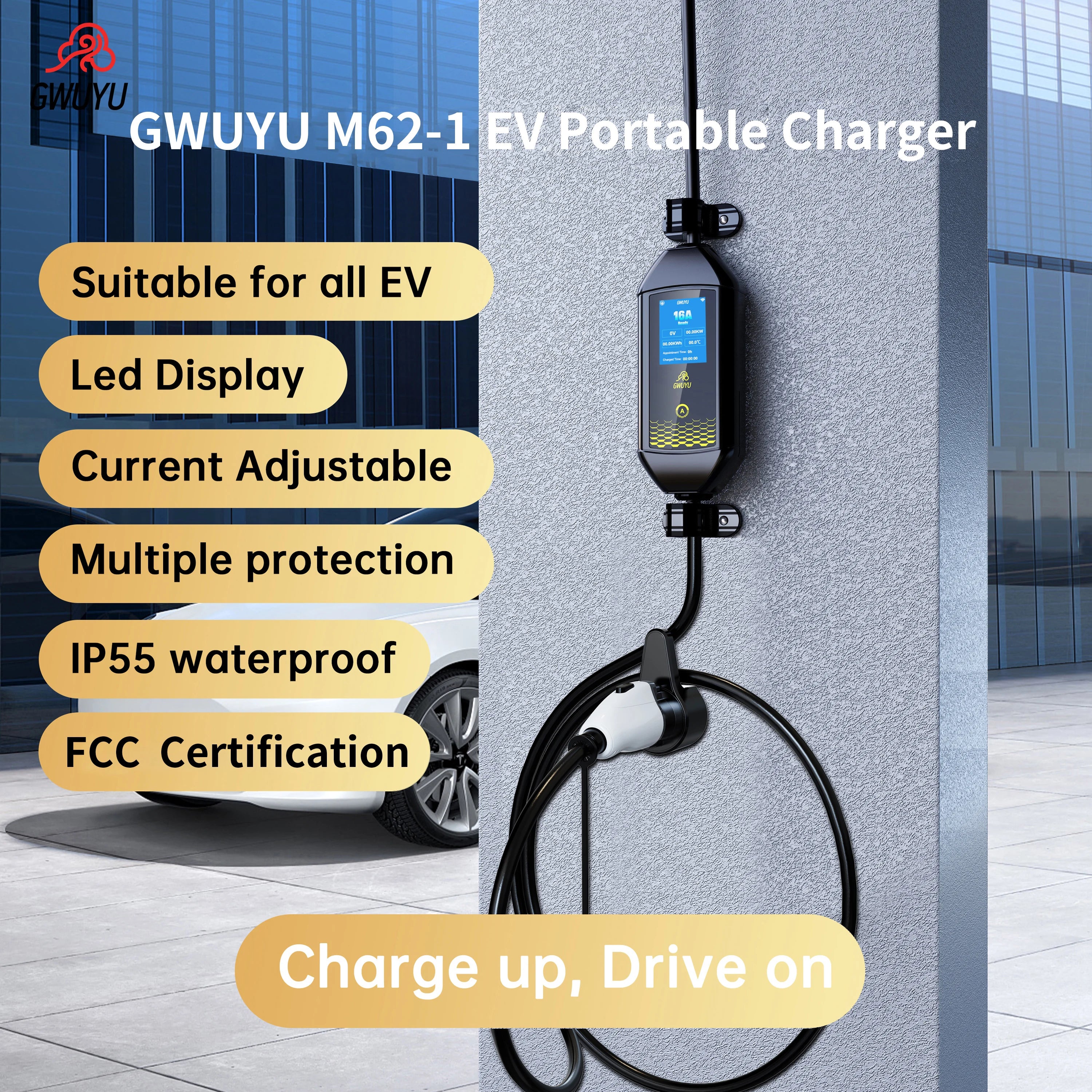 EVSE Portable Charger 7KW 32A 110-240V Type 1 Plug EV Charging Station 3.5m Cable with 2.8 Inch LED Screen for Electric Vehicle