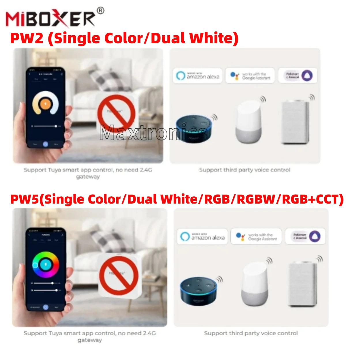 Miboxer PW2 2IN1 PW5 5IN1 RF LED Controller WIFI +2.4G Output Max 20A For Single Color/Dual White/RGB/RGBW/RGB+CCT Led Strip