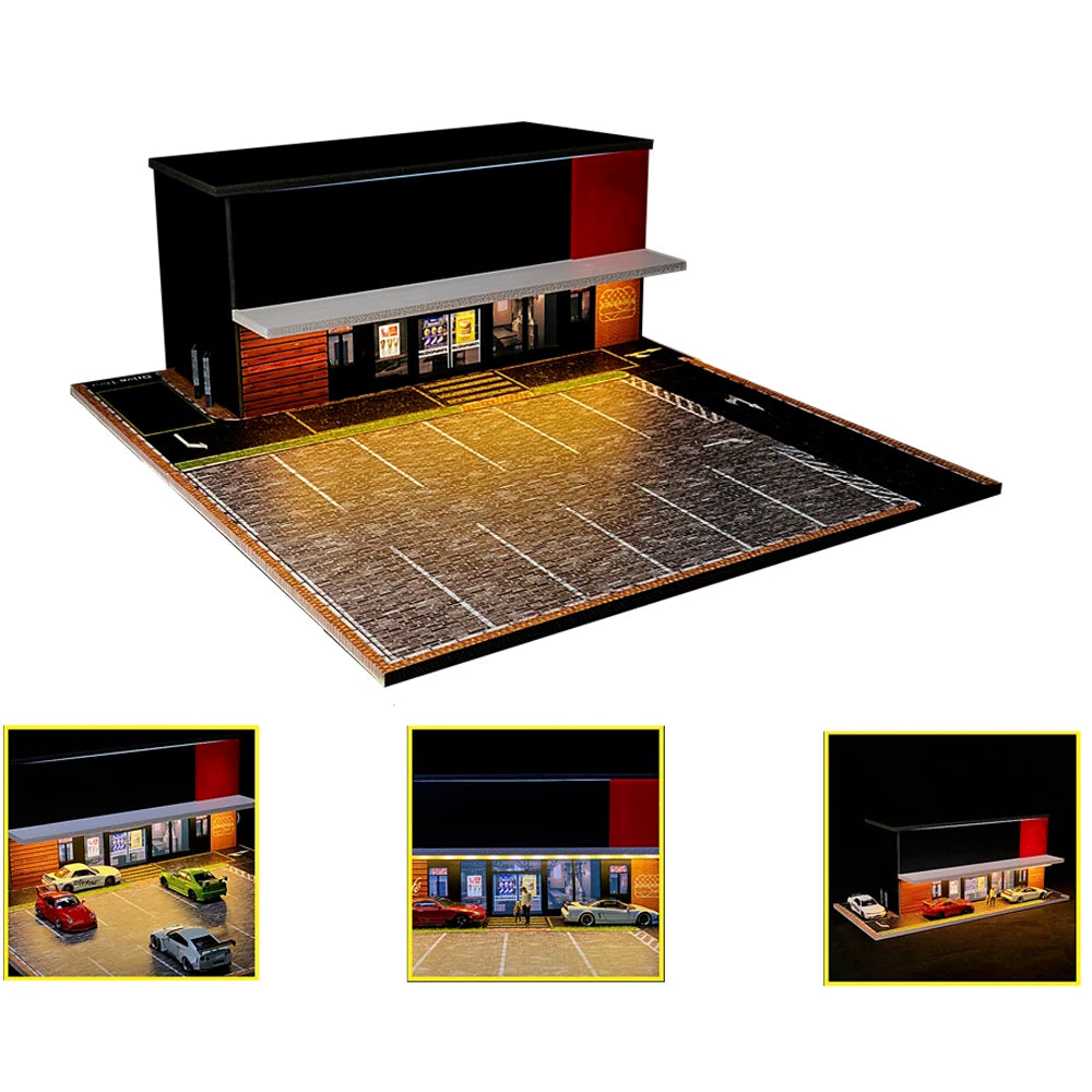 G FANS 1:64 Car Garage Models Shop Parking Building Led Diorama Building Scene Model with Lights Car Garage Diorama Scene Model